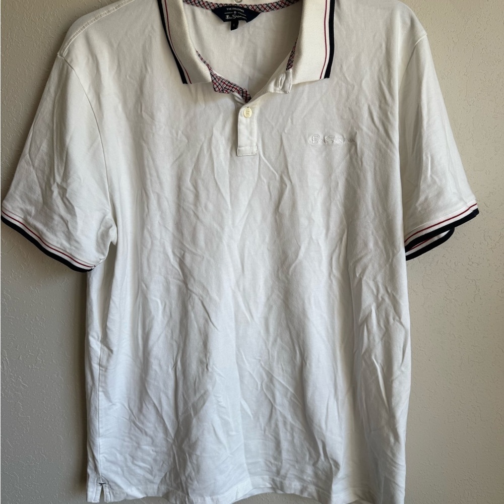 Men’s L White Ben Sherman Shirt Sleeve Casual Preppy Polo Shirt